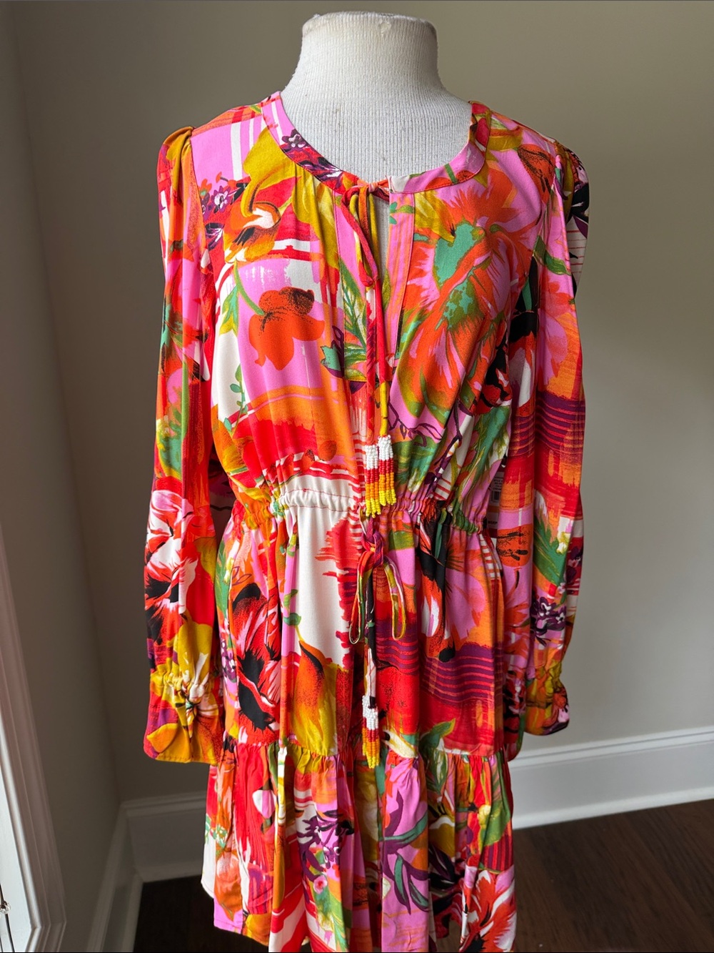 Vince Camuto Pink & Orange Floral Long-Sleeve Tie-Waist Dress